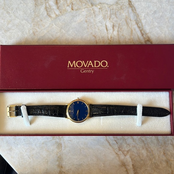 Excellent condition! Black leather band gold watch with blue face. - Picture 1 of 3